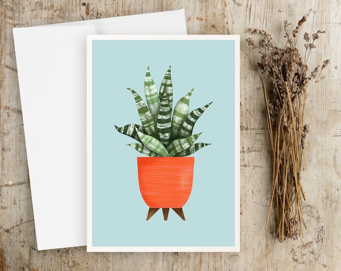 Snake Plant Greeting Card: Mid-Century Modern Potted Plant Art