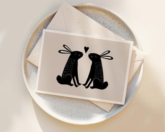 Cute Folk Art Bunnies - Rabbit wall art - Simple Ink Drawing - Notecard - Rabbits wall art - love - greeting card any occasion with envelope