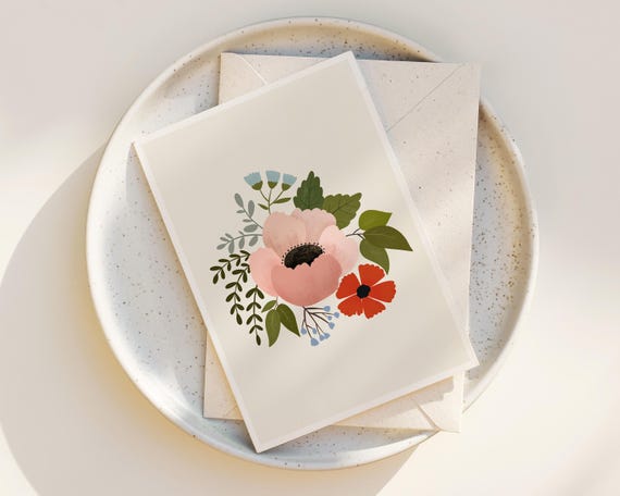 Cute Folk Art Flowers Note Cards - Floral Greeting Cards - Blank inside any occasion - Set of Note Cards -  Pink Roses - Scandinavian