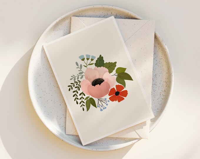 Folk Art Floral Note Cards: Pink Roses, Scandinavian Design