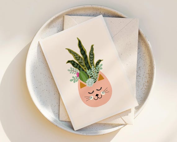 "Cats and Plants" - Cute Potted Plants Greeting Card with Envelope