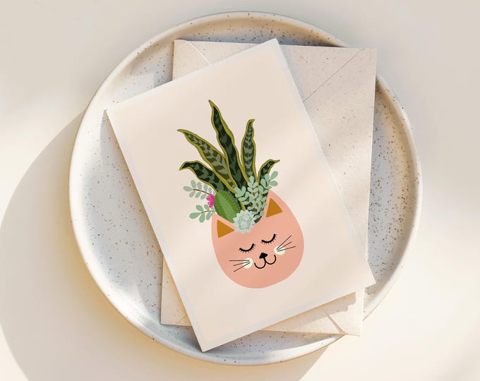 "Cats and Plants" - Whimsical Potted Plant Greeting Cards - Cat Note Cards