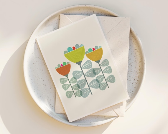 Scandinavian Flowers Note Cards - Folk Art - Abstract Flowers - Greeting Card - Notecards with envelopes - simple mid century modern flowers