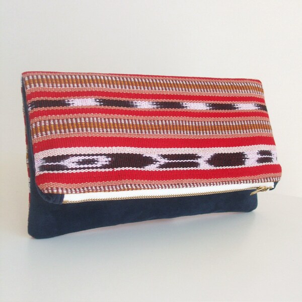 Foldover Clutch Bag - Ikat and Stripe - Hand-Woven in Guatemala -  Faux Suede - Faux Suede