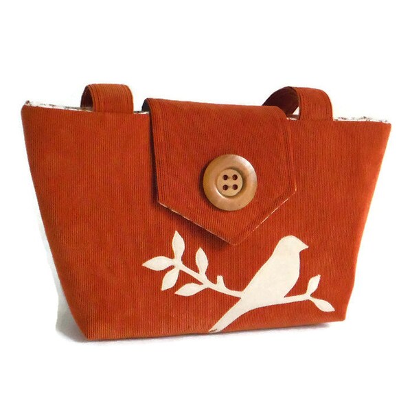 VENTA - pájaro en una bolsa de rama caminante pana - apliques hechos a mano - bolso - naranja - queman vegano