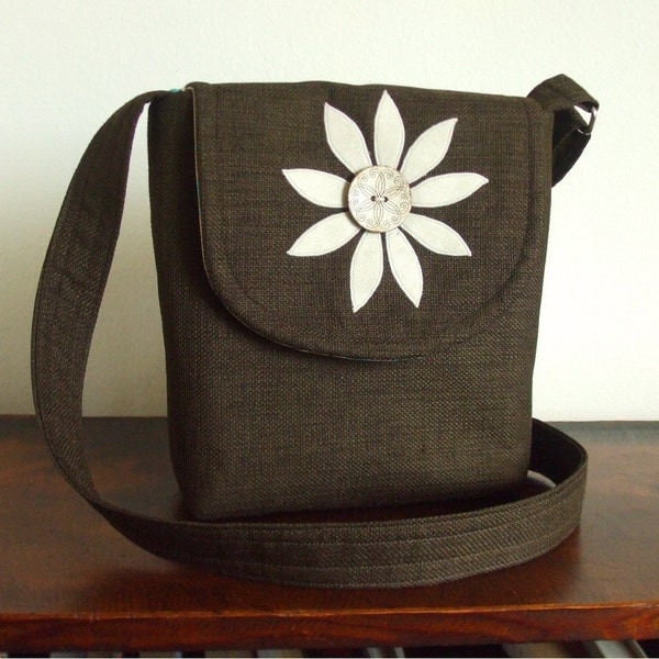 The Satchel in Chocolate Brown with a Flower Applique and Adjustable Strap