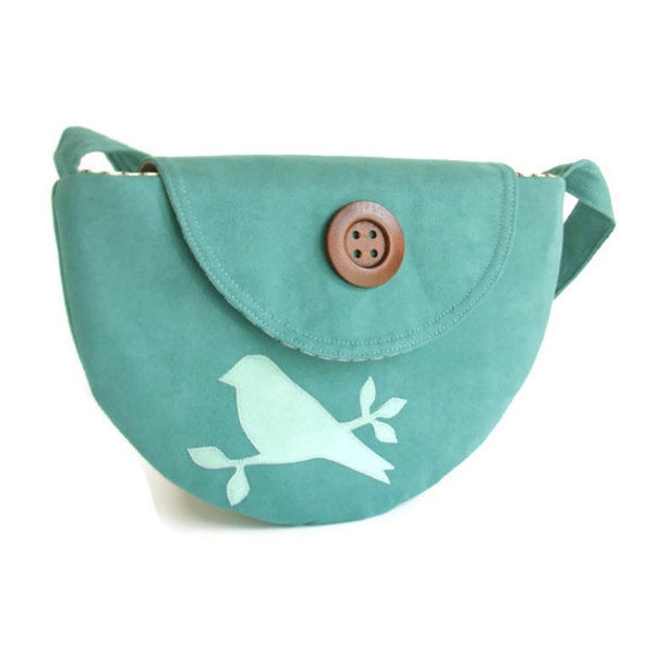 SALE - Semi Circle Shoulder Purse - Bird on Branch - Semi-Circle - Teal Faux Suede - VEGAN