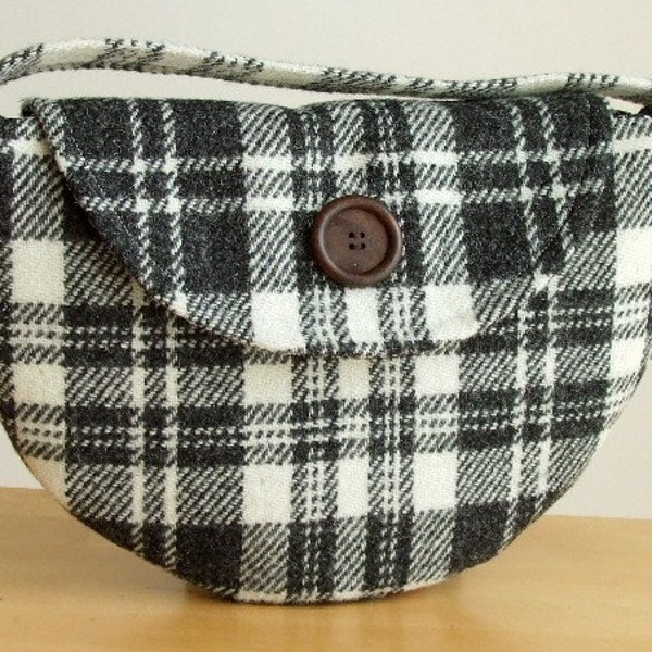 SALE Harris Tweed Bag - Semi-Circle Purse - Black and White Check - Plaid - One of a Kind