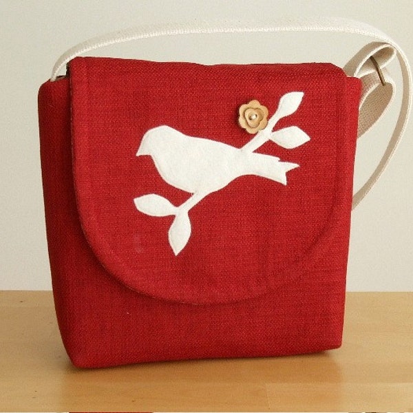 The Satchel in Cherry Red with a Bird on a Branch Applique