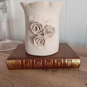 Handmade ceramic vase with floral motifs, Ceramic vase with roses and leaves, Home decor