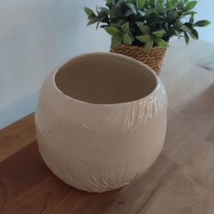 May include: A cream-coloured, textured ceramic planter with a wide opening. The planter has a rounded shape and a ridged surface. In the background, a small woven basket holds a green plant.