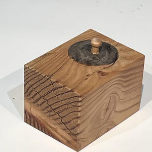 Puede incluir: Un bloque rectangular de madera de color marrón claro con un patrón de veta visible y un lado texturizado. Una incrustación circular de color carbón oscuro está incrustada en la superficie superior, con una pequeña clavija de madera clara.