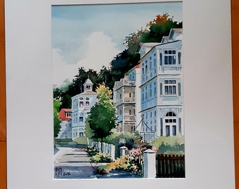 Watercolor original white villas in Binz on Rügen, 50 x 60 cm including passepartout, inner dimensions 39 x 29 cm