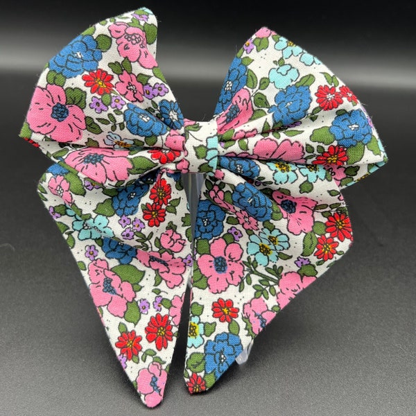 Blue Pink and Red Floral Patterned Fabric Hair Bow Barrette Clip Sailor Bow
