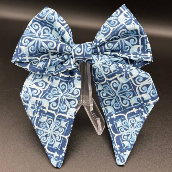 Blue Cathedral Window Pattern Fabric Hair Bow Barrette Clip Sailor Bow