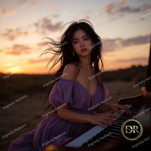 Asian Girl on Piano | Asian Woman Wall Art | Female Cover Model | Woman Portrait | Mockup | Piano Player at Sunset | PNG & JPG | Advertising