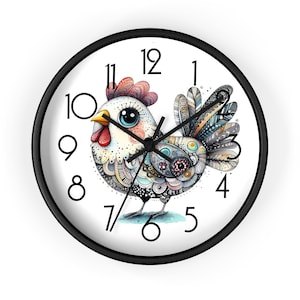 Folk Art Chicken Wall Clock, Kitchen clock
