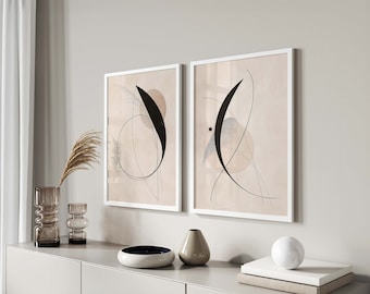 Abstract Japandi Wall Art, Set of 2 Black Beige Prints, Scandinavian Home Decor, Nordic Wall Art, Boho Line, Wabi Sabi Art Print, Aesthetic
