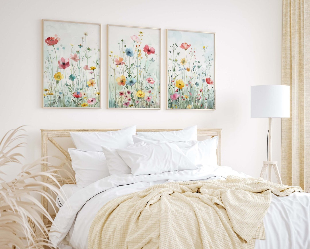 Wildflower Field Art, Set of 3 Watercolor Painting, Colorful Sage Green ...
