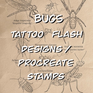 Può includere: Una stampa beige con disegni a tratto nero di insetti come una libellula, un ragno e una mantide religiosa. Le sovrapposizioni di testo recitano "BUGS TATTOO FLASH DESIGNS PROCREATE STAMPS."