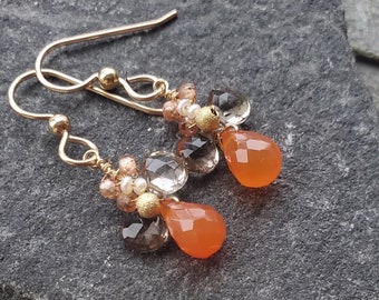 Orange Carnelians  Earrings with smokey quartz, wire wrapped gemstone dangle earrings