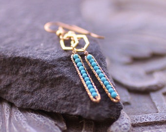 Turquoise bar earrings, gemstone geometric long earrings, gift for her, blue gemstone earrings
