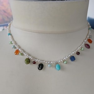 Tutti Frutti Pearl Multi Gemstone Charm Colorful Necklace,holiday gift for her
