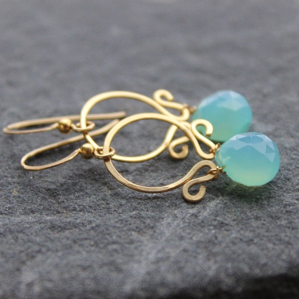 Blue Chalcedony Earrings, Gold Gemstone Hoop Earrings, Holiday gift, briolette gemstone earrings, wire wrapped dangle earrings