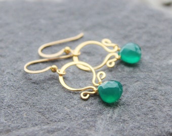 Green Onyx Earrings, Gold Gemstone Hoop Earrings, Holiday gift, briolette gemstone earrings, wire wrapped dangle earrings