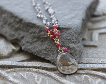 Ruby and quartz necklace in sterling silver, quartz pendant, gemstone choker, gemstone necklace  Dainty