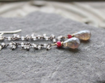 Long Labradorite and quartz Earrings, Bohemian, Dainty, Bridal earrings, Long gemstone Earrings, Gift for her