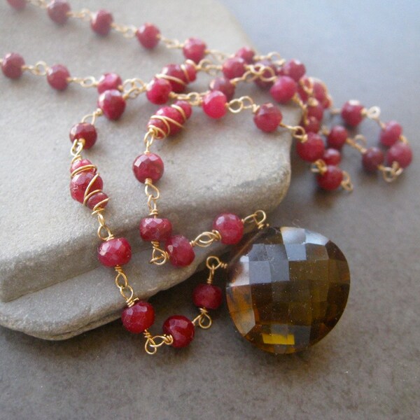 Ruby gold Chocker, 14 K solid gold necklace, Quartz Necklace, Red Necklace ,  Wire wrapped, Luxurious Christmas