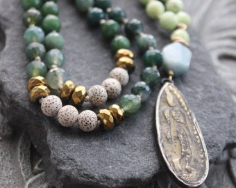 Green Jade Long Knotted Necklace with tribal buddha pendant - Gemstone long talisman necklace, gift for her