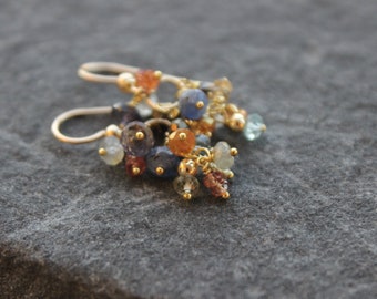 Cluster multi gemstone earrings in gold, gift for her