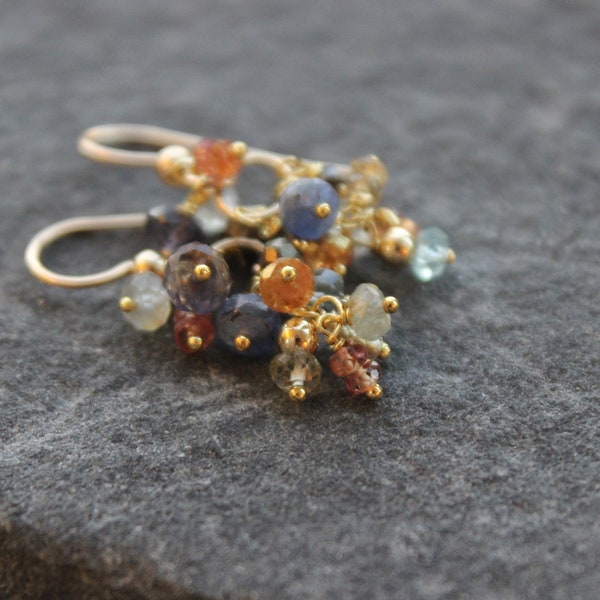 Cluster multi gemstone earrings in gold, gift for her