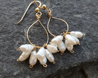 White Pearl Cluster earrings, pearl chandelier earrings in gold, wedding jewelry