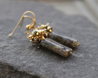 labradorite  black gemstone earrings, cluster dangle earrings