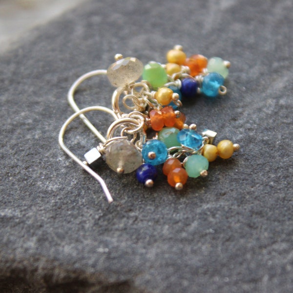 Colorful Multi-Gemstone Cluster Earrings in Silver, Drop gemstone Earrungs