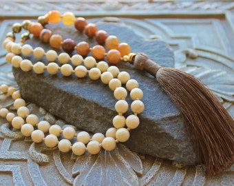 Peach Moonstone Long Knotted Necklace with tassel- Gemstone long necklace, gift for her