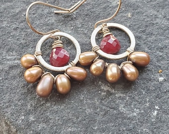 Ruby and brown pearls hoop Earrings, Gemstone Hoops, wire wrapped dangle earrings