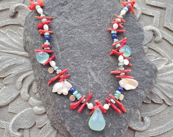 Coral, Pearl and Chalcedony Necklace, colorful Necklace, Gemstone chocker, Gift for her