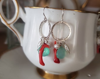 Blue Chalcedony peals and coral Earrings, Gemstone Hoops, wire wrapped dangle earrings