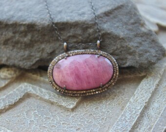 Large Pink Sapphire Pendant,  Diamonds Framed pendant, luxurious, Precious Sapphire, Sapphire slice, Pink gemstone pendant