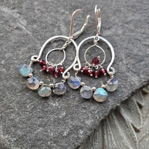 Blue Labradorite and Garnet Chandelier Earrings in Sterling Silver, gemstone chandelier earrings