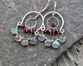 Blue Labradorite and Garnet Chandelier Earrings in Sterling Silver, gemstone chandelier earrings