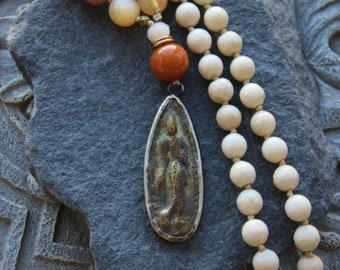 Peach Moonstone Knotted Necklace with tribal buddha pendant - Gemstone long talisman necklace, gift for her