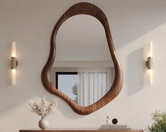 Walnut Wooden Frame Mirror | Decorative Home Mirror | Asymmetrical Mirror | Special Design Mirror | Modern Mirror | Handmade Mirror