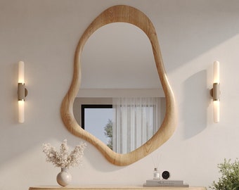 Oak Wooden Frame Mirror | Decorative Home Mirror | Asymmetrical Mirror | Special Design Mirror | Modern Mirror | Handmade Mirror