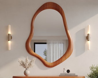 Beech Wooden Frame Mirror | Decorative Home Mirror | Asymmetrical Mirror | Special Design Mirror | Modern Mirror | Handmade Mirror