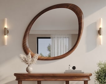 Walnut Wooden Frame Mirror | Decorative Home Mirror | Asymmetrical Mirror | Special Design Mirror | Modern Mirror | Handmade Mirror